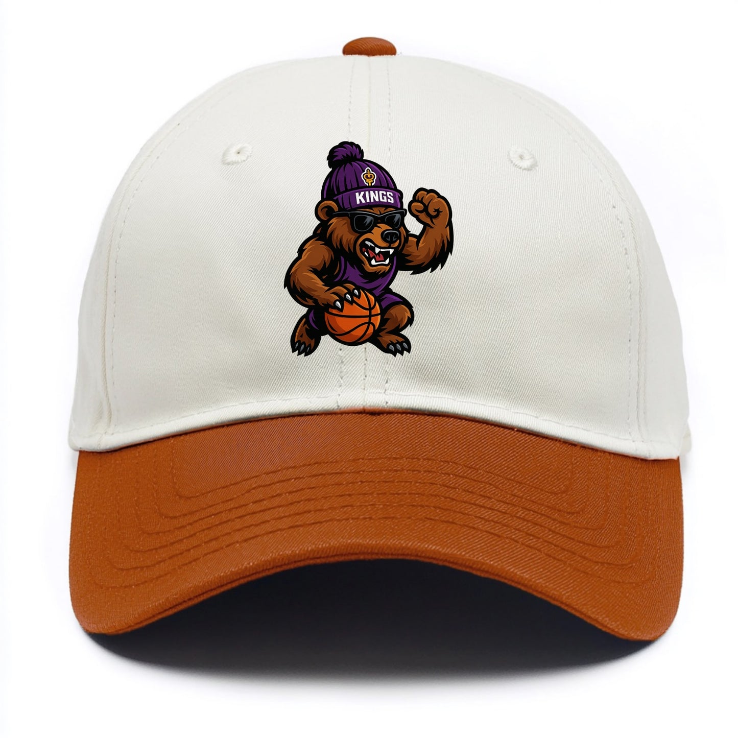 California Grizzly wearing Kings beanie with royal scepter patch and wayfarer - Two Tone Cap - Orange