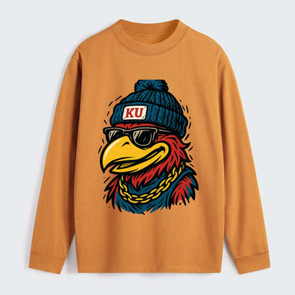 Lawrence Jayhawk wearing Kansas beanie with KU patch - Classic Long Sleeve Shirt - Orange