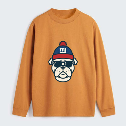 New York Bulldog wearing Giants blue and red beanie with pom pom and - Classic Long Sleeve Shirt - Orange