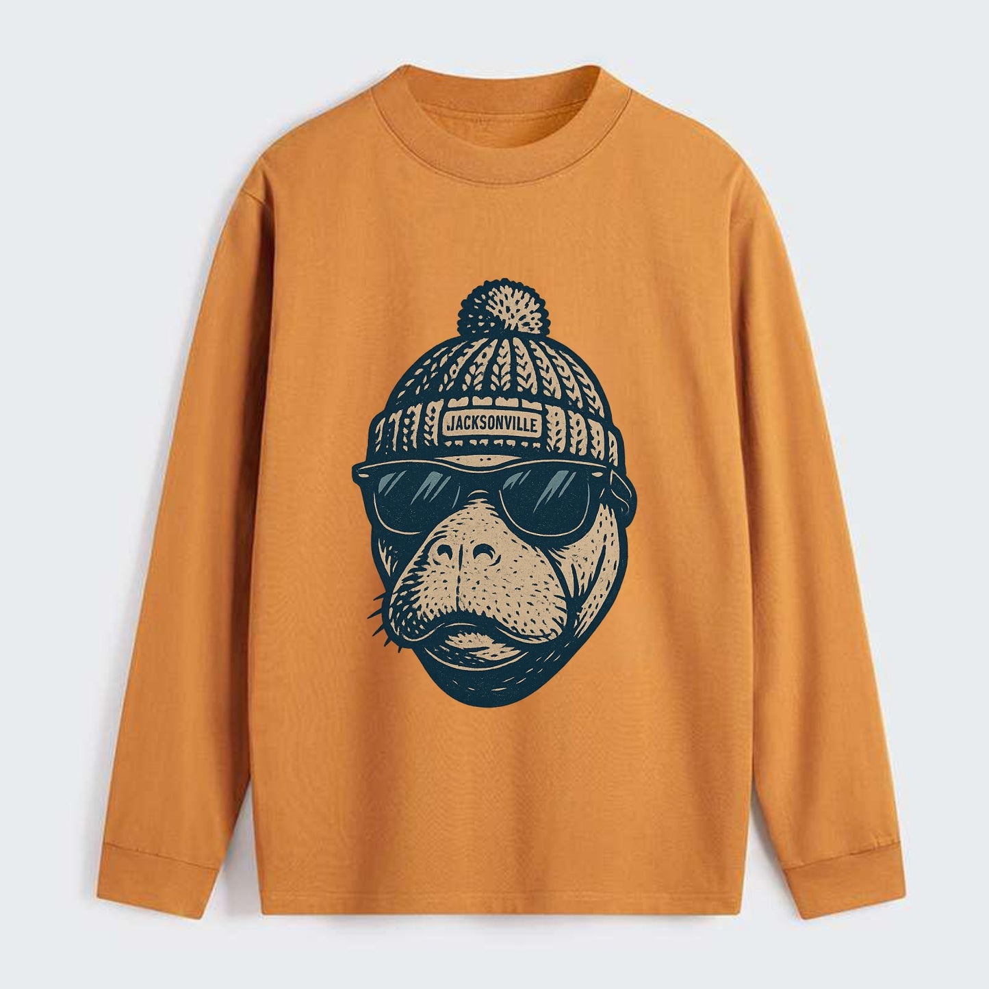 Jacksonville Manatee wearing Jacksonville beanie with pom pom and - Classic Long Sleeve Shirt - Orange