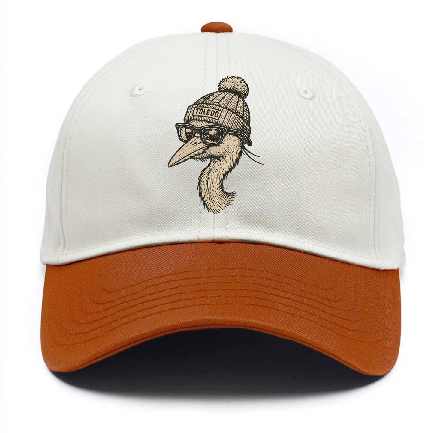 Toledo Great Blue Heron wearing Toledo beanie with pom pom and wayfarer sunglasses - Two Tone Cap - Orange