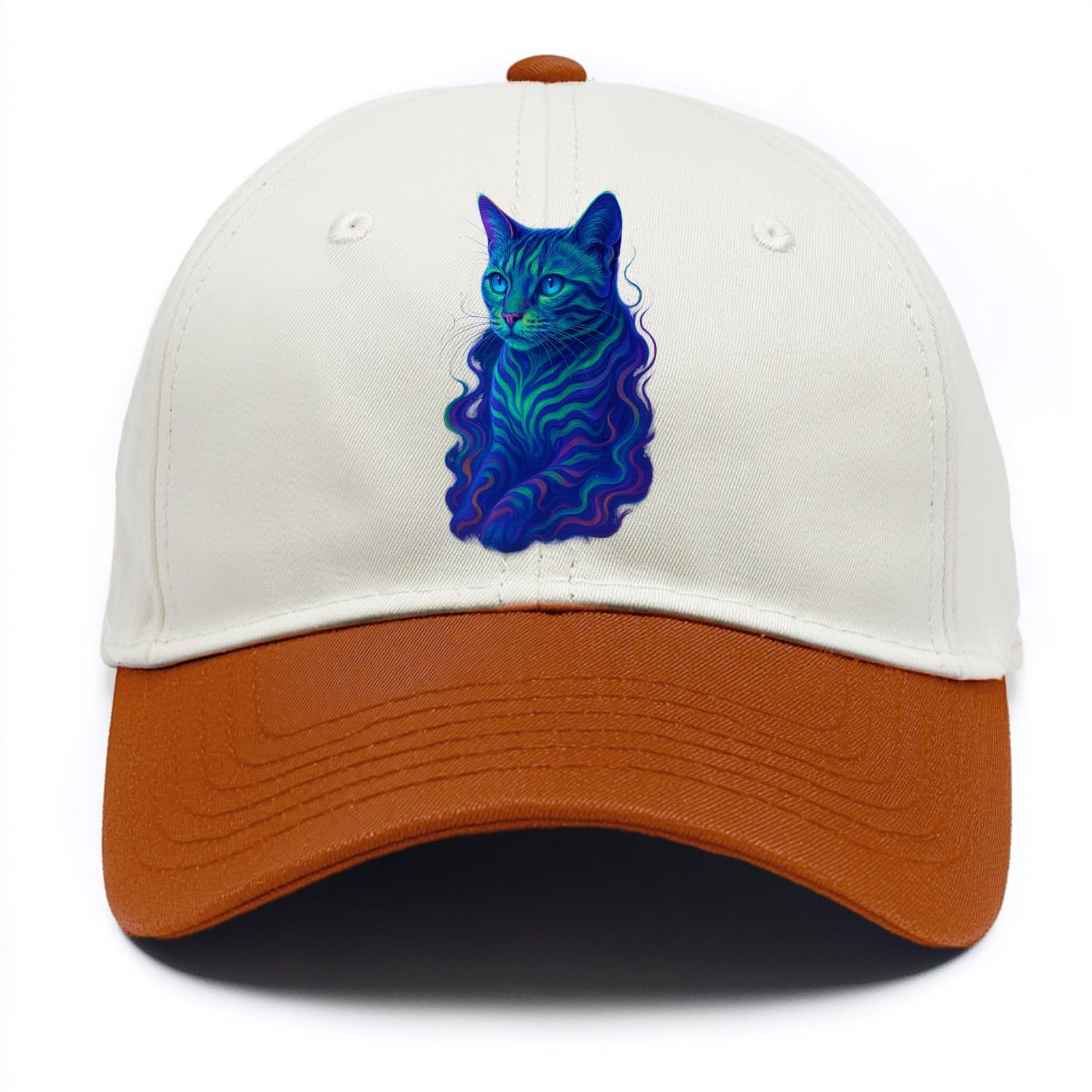 Exotic Bengal cat with aurora borealis colors flowing through its stripes, green and - Two Tone Cap - Orange