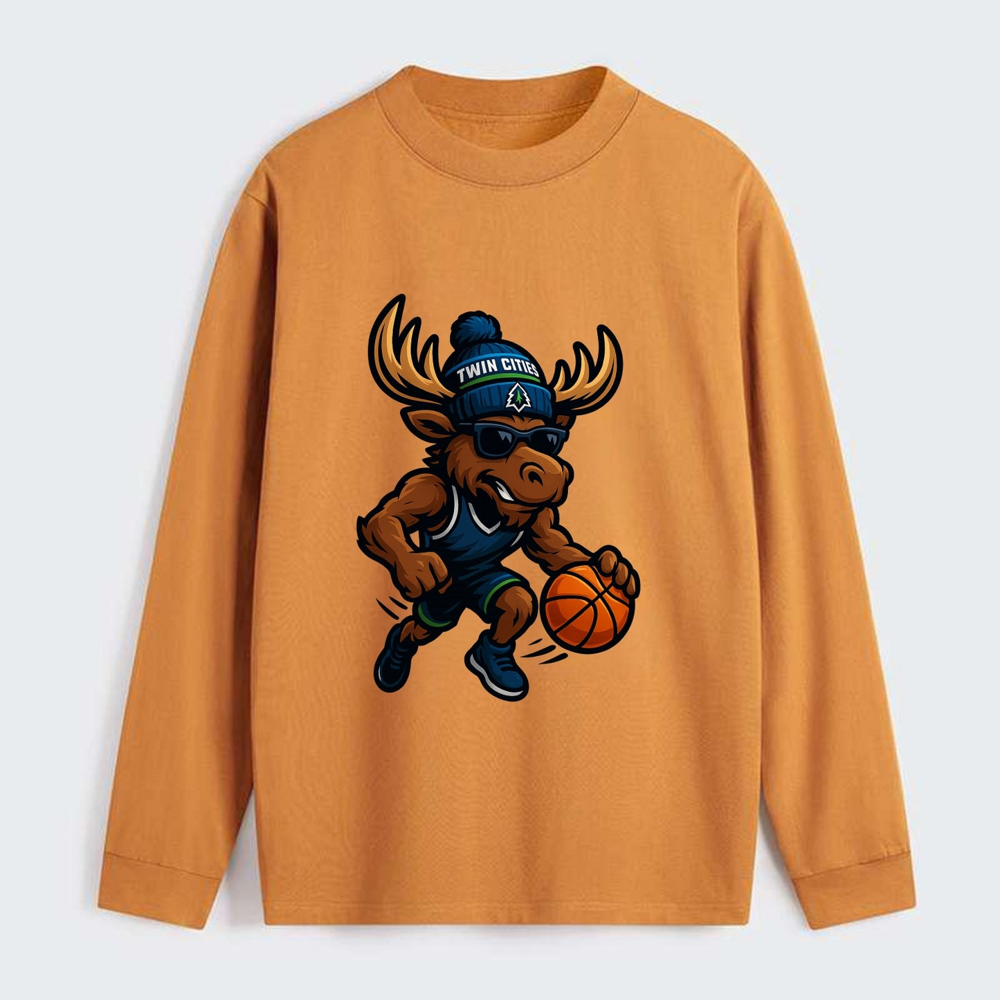 Twin Cities Moose wearing Timberwolves beanie with pine tree patch and - Classic Long Sleeve Shirt - Orange