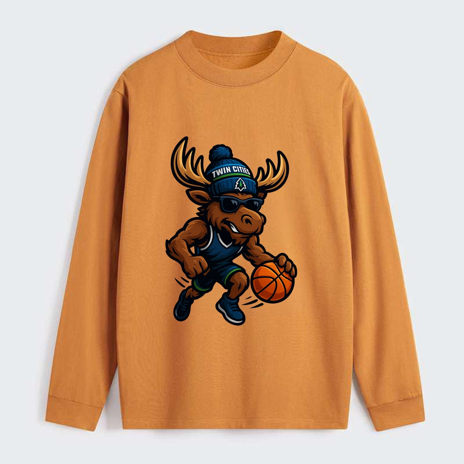 Twin Cities Moose wearing Timberwolves beanie with pine tree patch and - Classic Long Sleeve Shirt - Orange