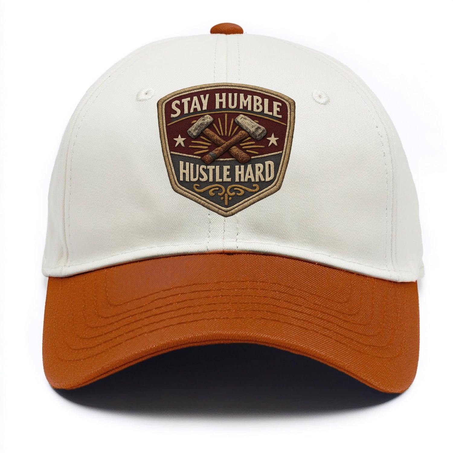 STAY HUMBLE HUSTLE HARD - text in silver , work ethic - Two Tone Cap - Orange