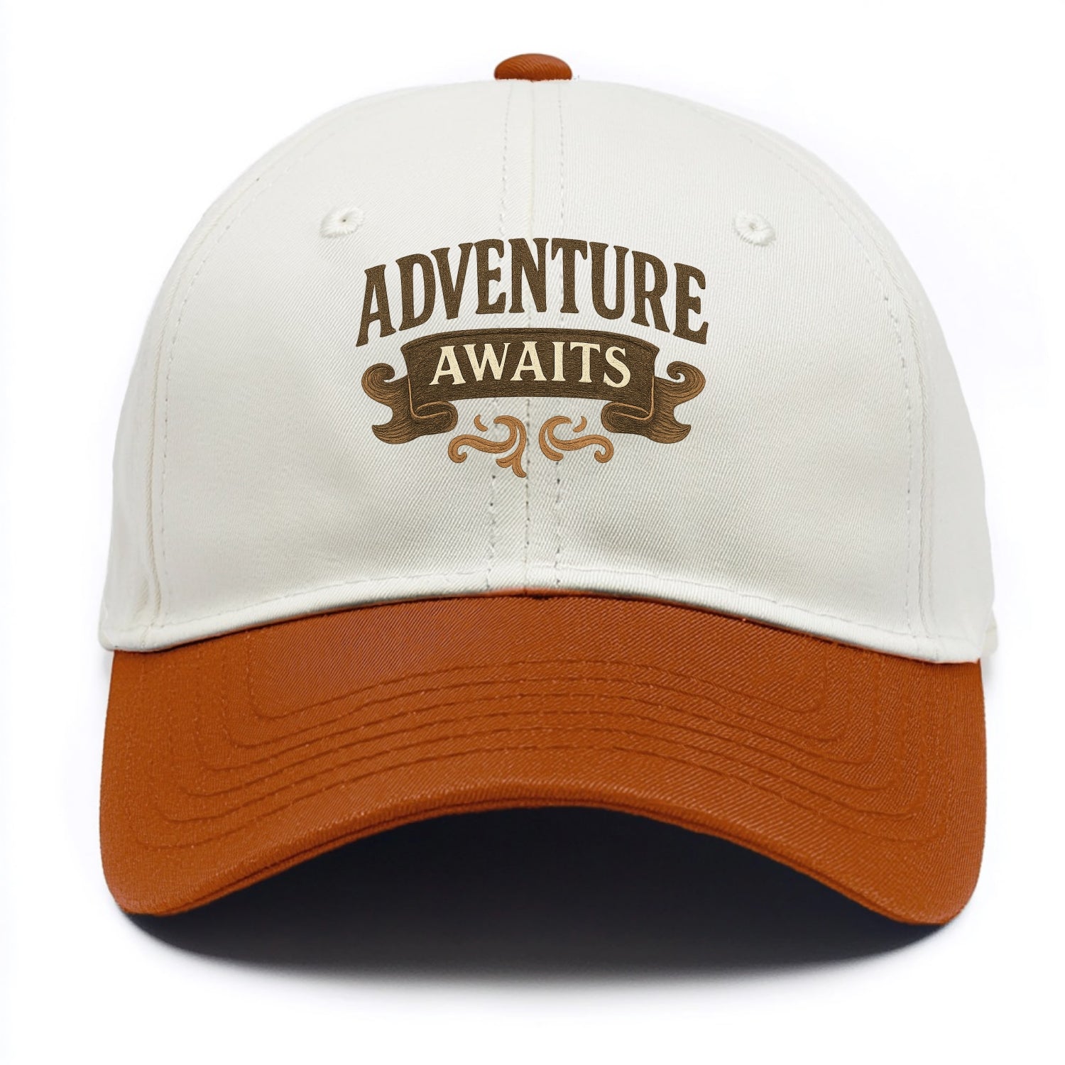 Bold typography design - "ADVENTURE AWAITS" - excitement ahead, ready for anything - Two Tone Cap - Orange