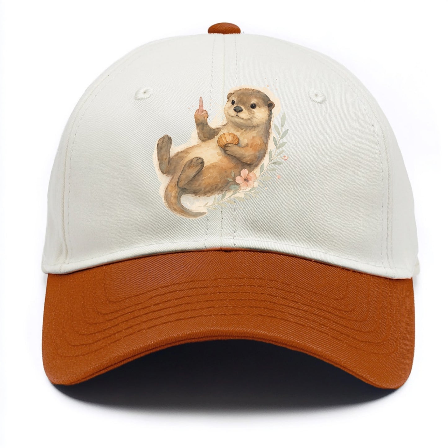 adorable otter floating on back, middle finger up while holding a shellfish - Two Tone Cap - Orange