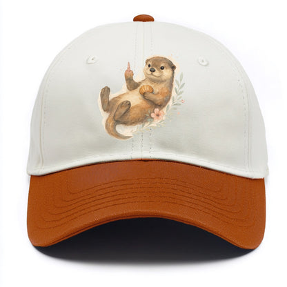 adorable otter floating on back, middle finger up while holding a shellfish - Two Tone Cap - Orange