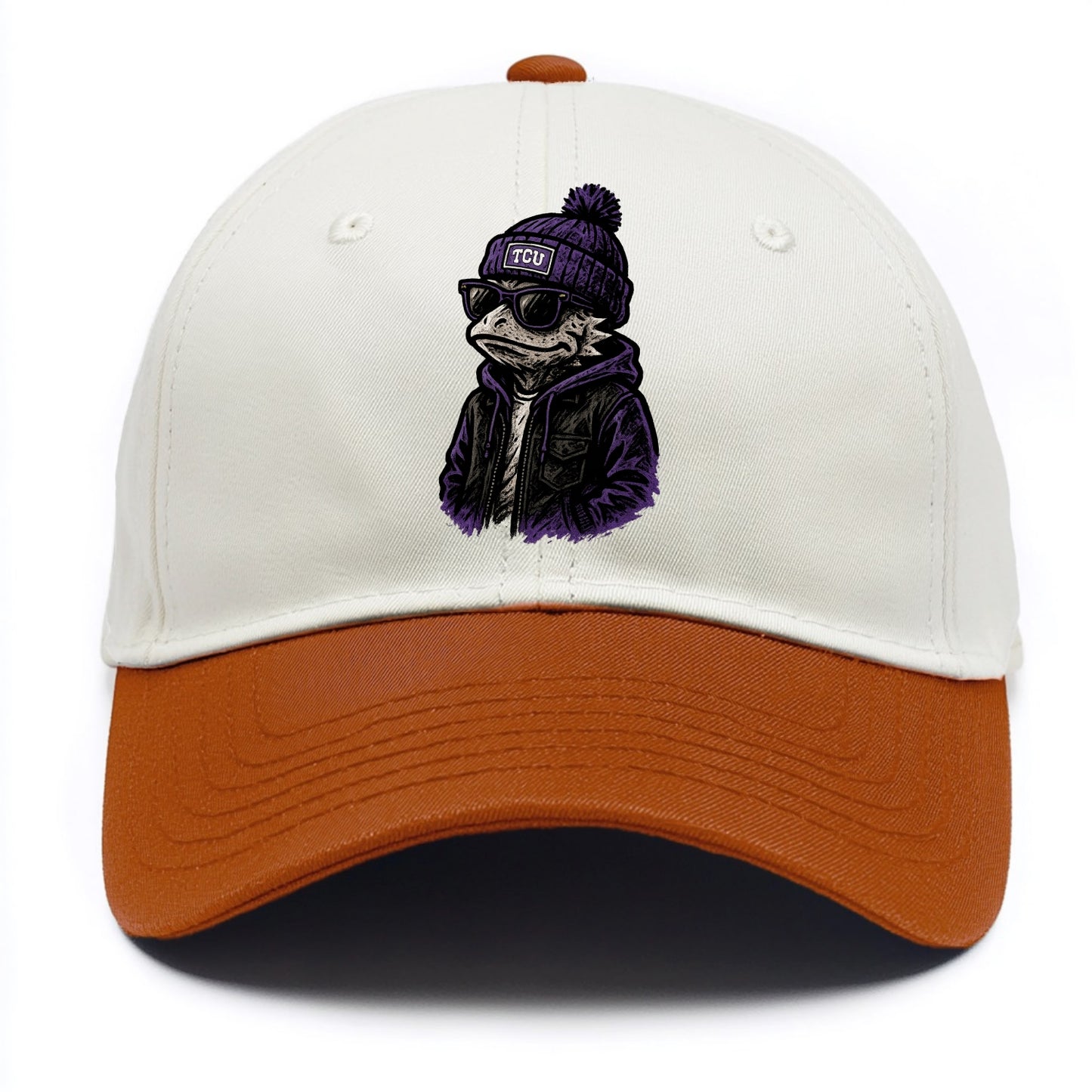 Fort Worth Frog wearing TCU beanie with horned patch - Two Tone Cap - Orange