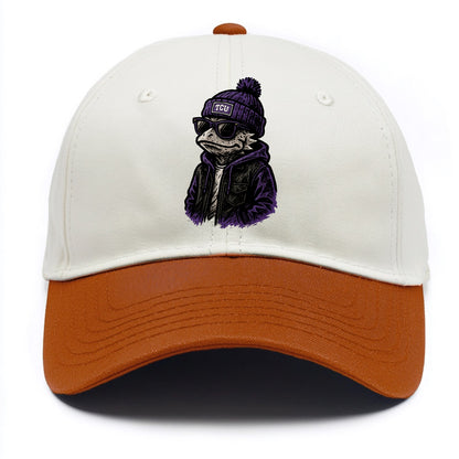 Fort Worth Frog wearing TCU beanie with horned patch - Two Tone Cap - Orange