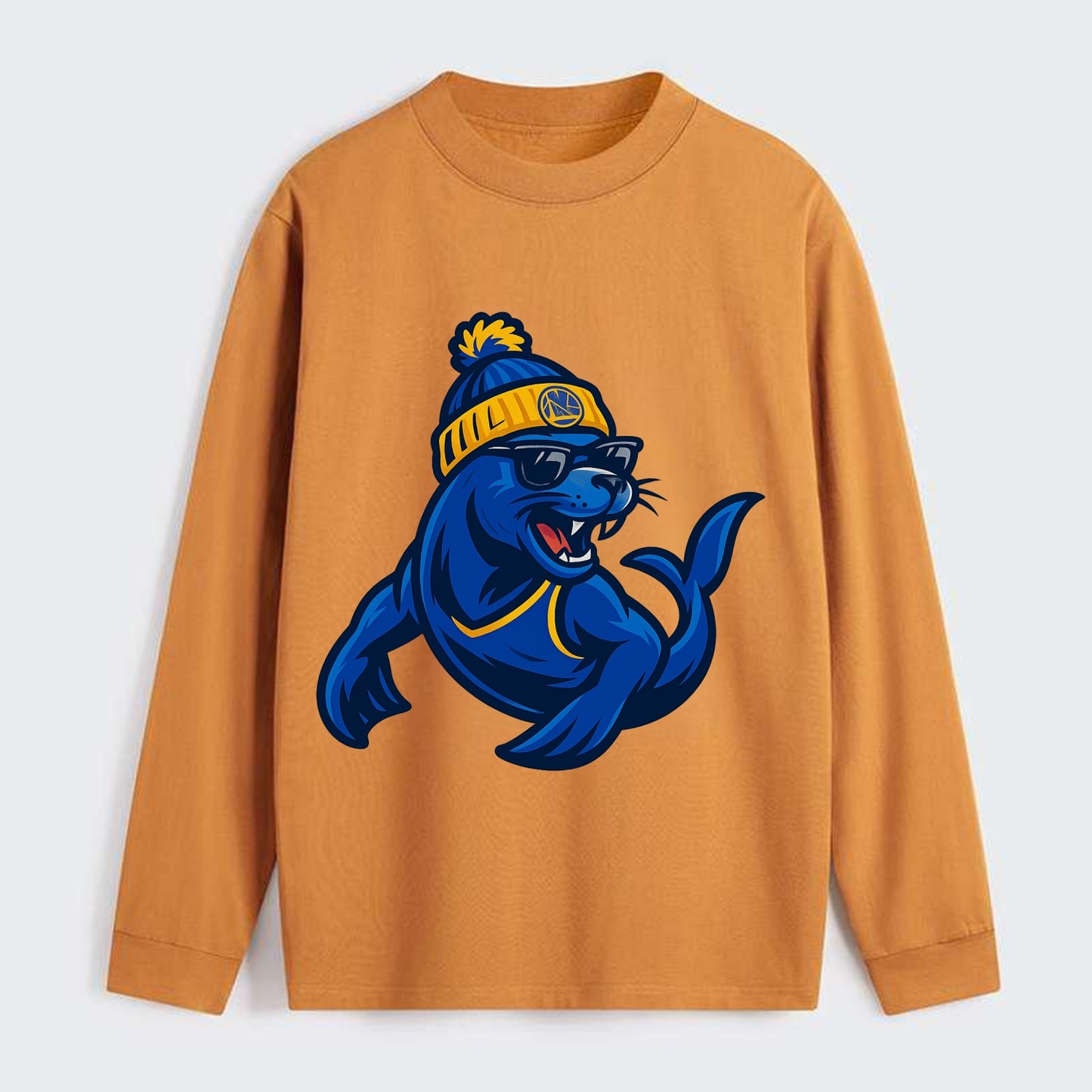 Bay Area Sea Lion wearing Warriors blue and gold beanie with Golden - Classic Long Sleeve Shirt - Orange