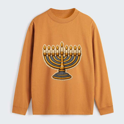 MENORAH LIGHTS - nine branch candelabra in gold and blue , Hanukkah - Classic Long Sleeve Shirt - Orange