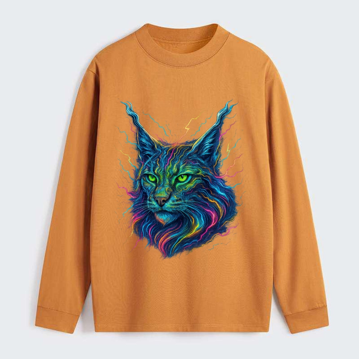 Wild lynx with ear tufts transforming into liquid mercury flows, silver - Classic Long Sleeve Shirt - Orange