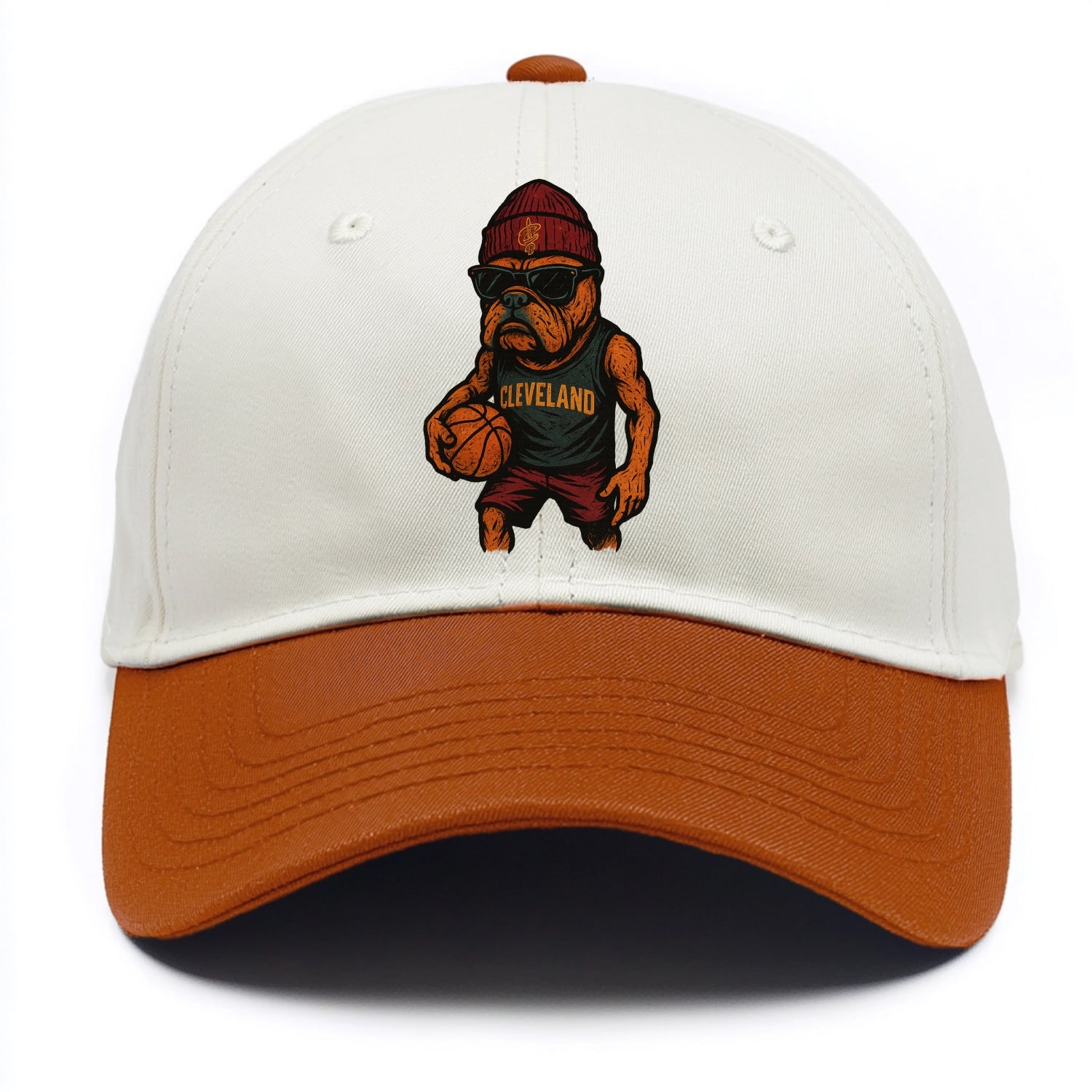 Cleveland Bulldog wearing Cavaliers wine and gold beanie with sword patch and - Two Tone Cap - Orange