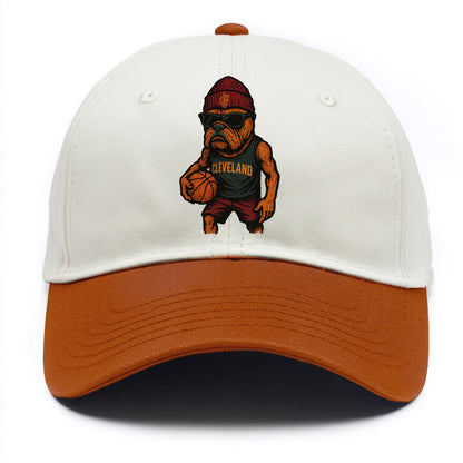 Cleveland Bulldog wearing Cavaliers wine and gold beanie with sword patch and - Two Tone Cap - Orange