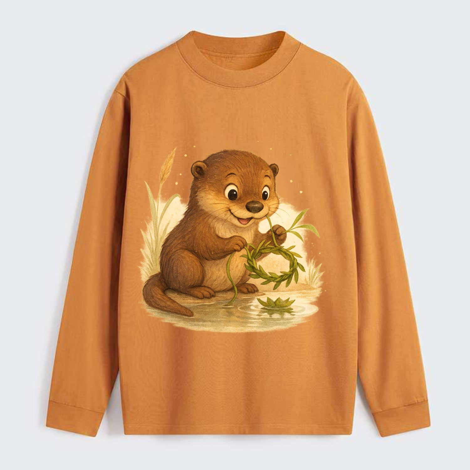 Otter weaving river reeds into a floating crown beside mirror-still - Classic Long Sleeve Shirt - Orange