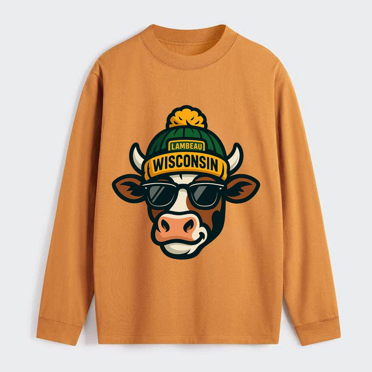 Wisconsin Cow wearing Packers beanie with Lambeau patch and wayfarer - Classic Long Sleeve Shirt - Orange