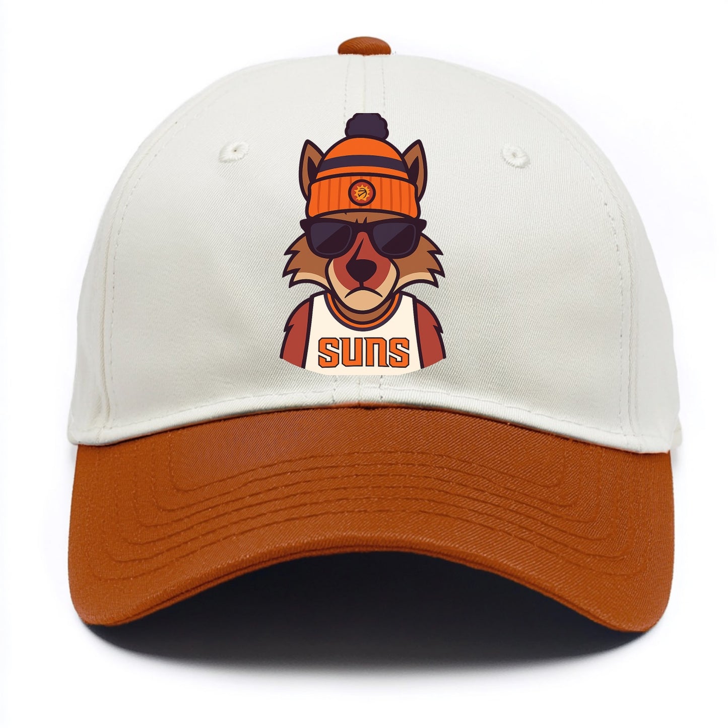 Arizona Coyote wearing Suns beanie with desert sun patch and wayfarer sunglasses - Two Tone Cap - Orange