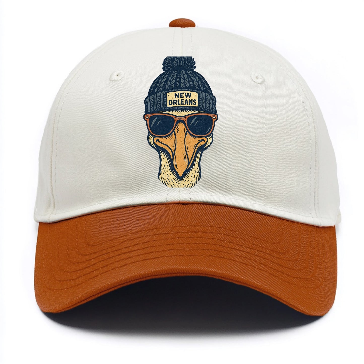 New Orleans Pelican wearing New Orleans beanie with pom pom and wayfarer sunglasses - Two Tone Cap - Orange