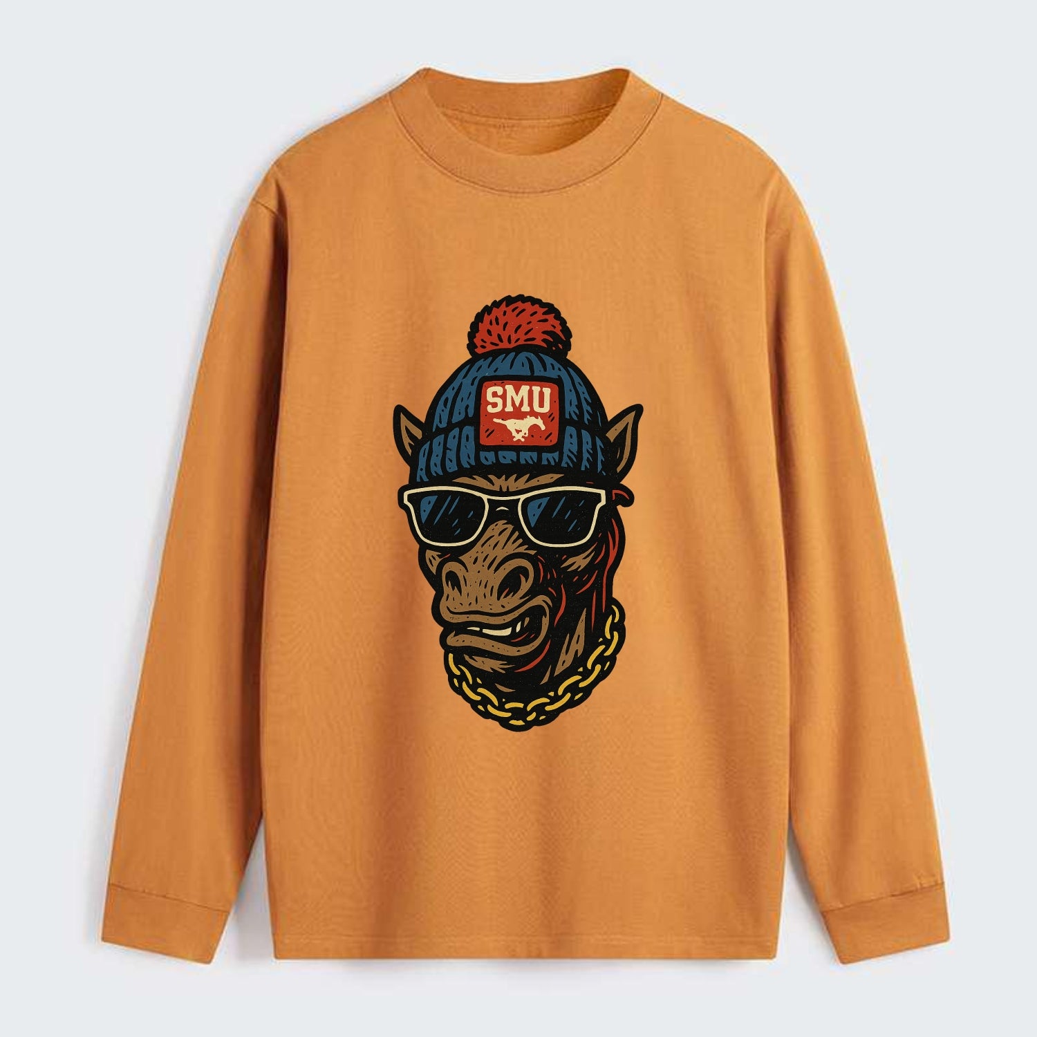 Dallas Mustang wearing SMU beanie with pony patch - Classic Long Sleeve Shirt - Orange
