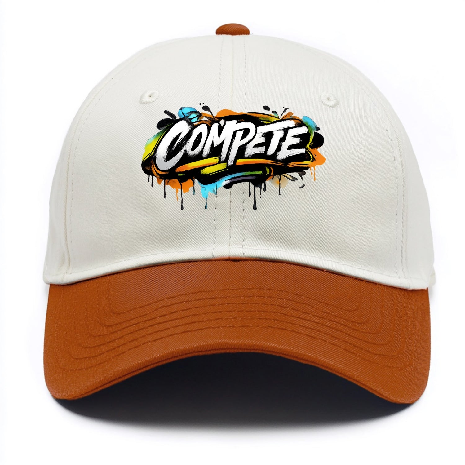 Bold typography design - "COMPETE" - competitive spirit, love the game - Two Tone Cap - Orange