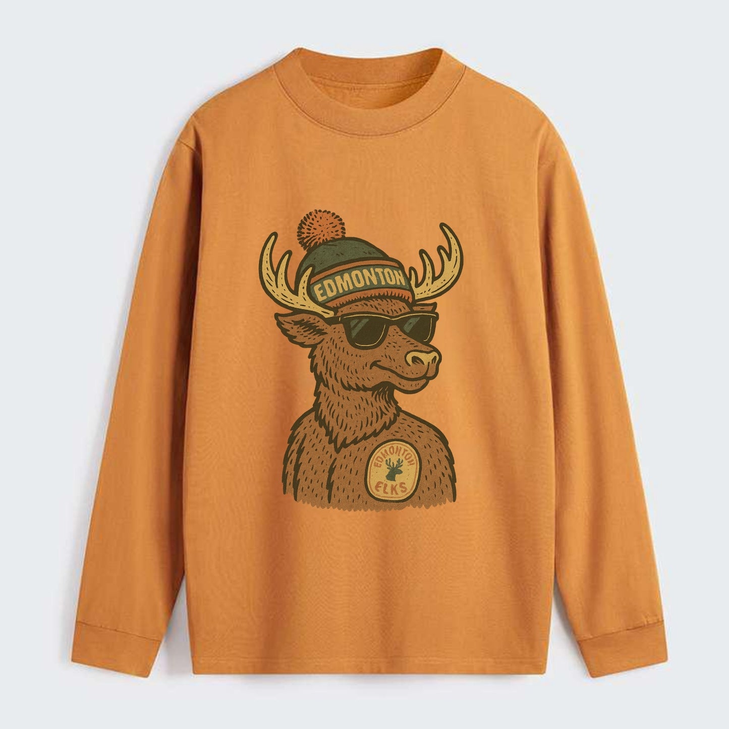 Edmonton Elk wearing Edmonton beanie with pom pom and wayfarer - Classic Long Sleeve Shirt - Orange