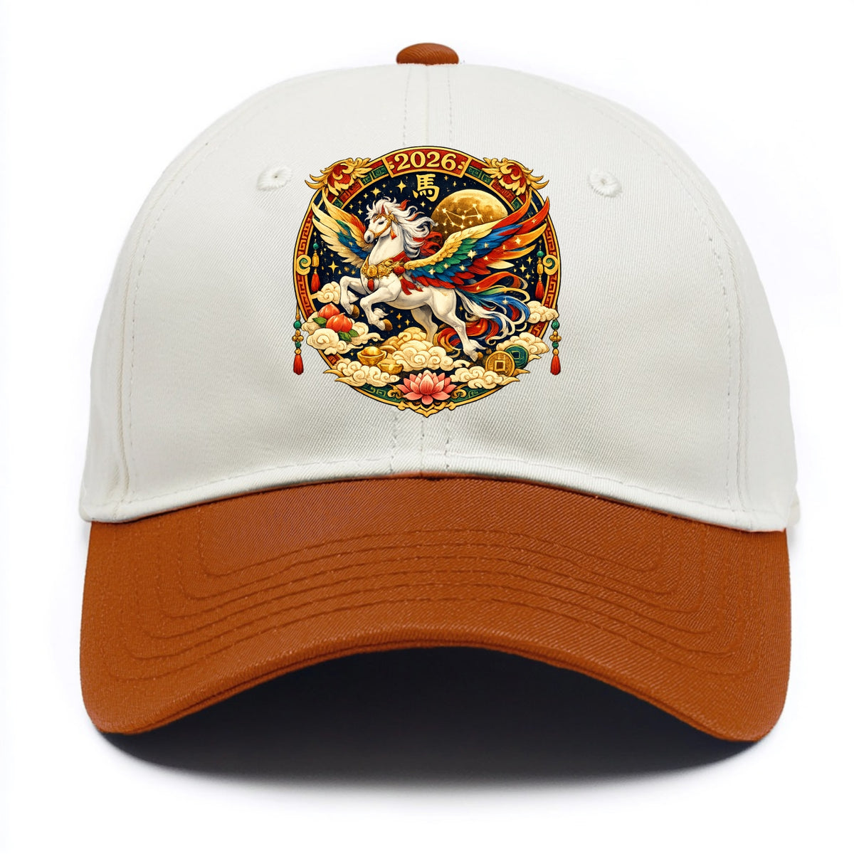 CELESTIAL HORSE | Heavenly horse among clouds and stars | Wings of flowing energy - Two Tone Cap - Orange