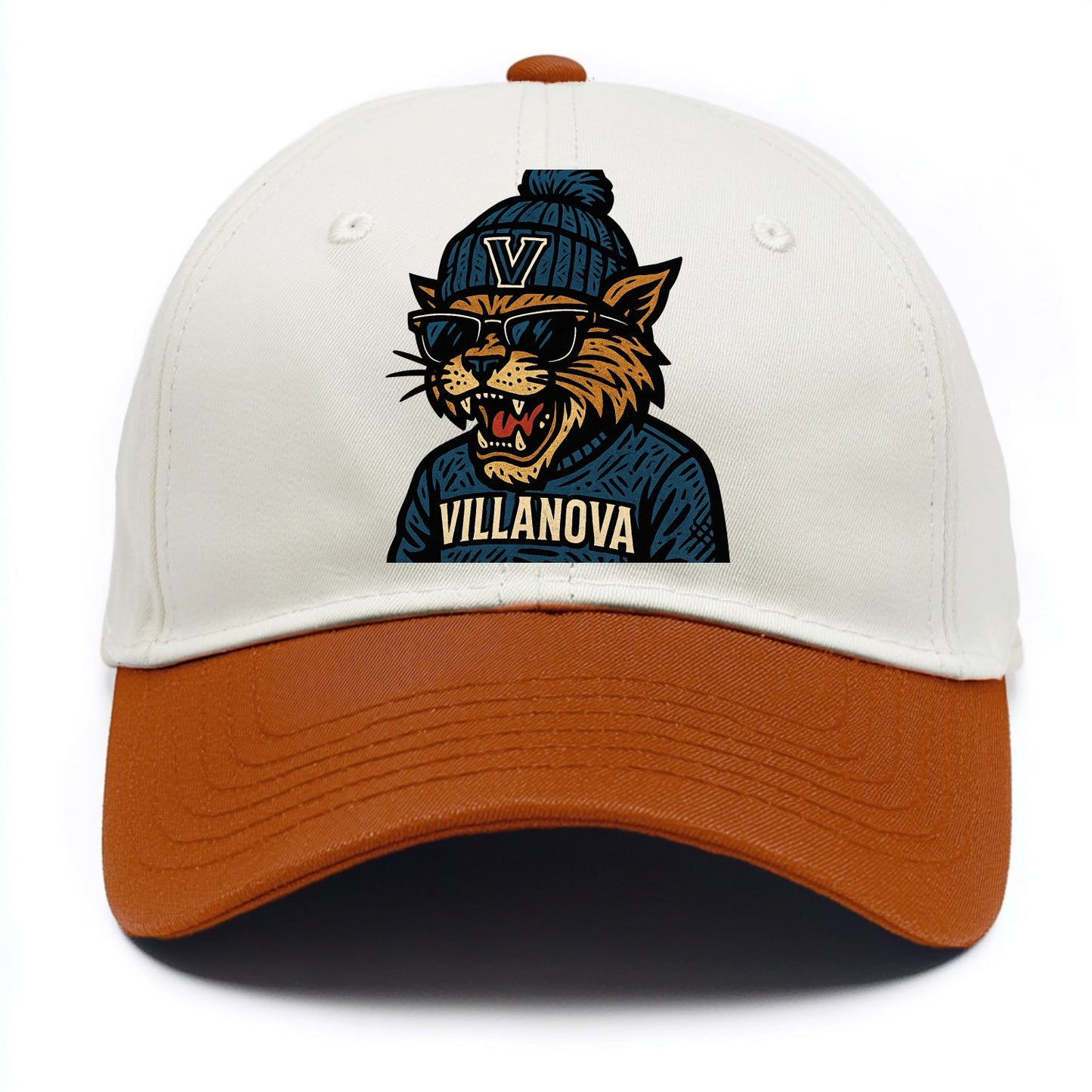 Villanova Wildcat wearing Villanova beanie with V patch - Two Tone Cap - Orange