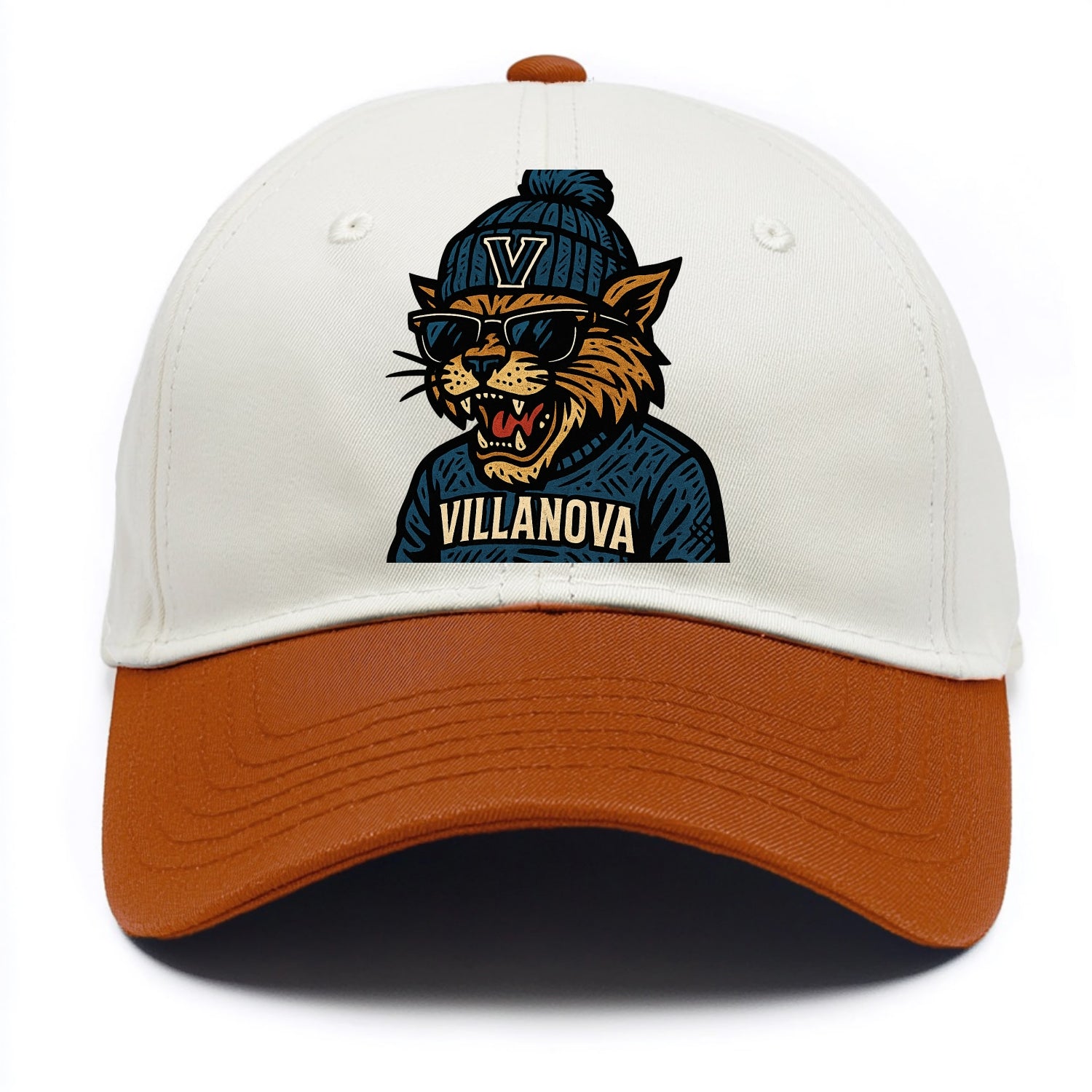 Villanova Wildcat wearing Villanova beanie with V patch - Two Tone Cap - Orange