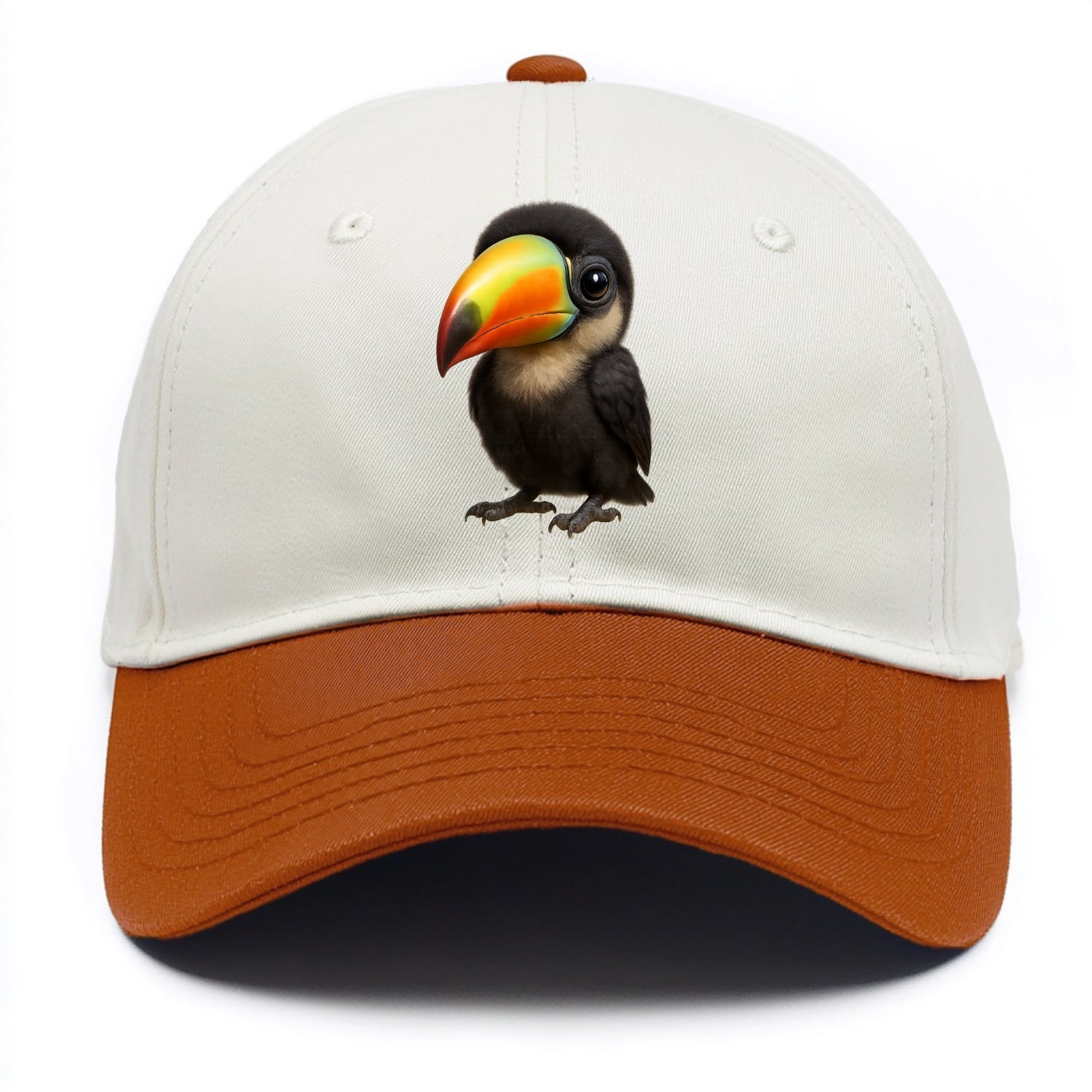 Baby Toucan - oversized colorful beak, black feathers, bright eyes, front-facing, - Two Tone Cap - Orange