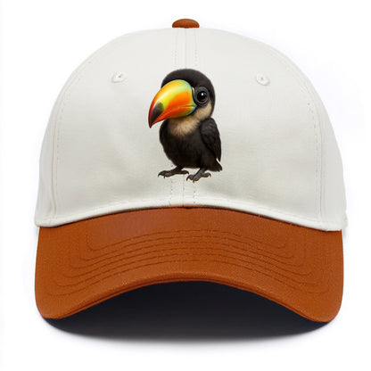 Baby Toucan - oversized colorful beak, black feathers, bright eyes, front-facing, - Two Tone Cap - Orange