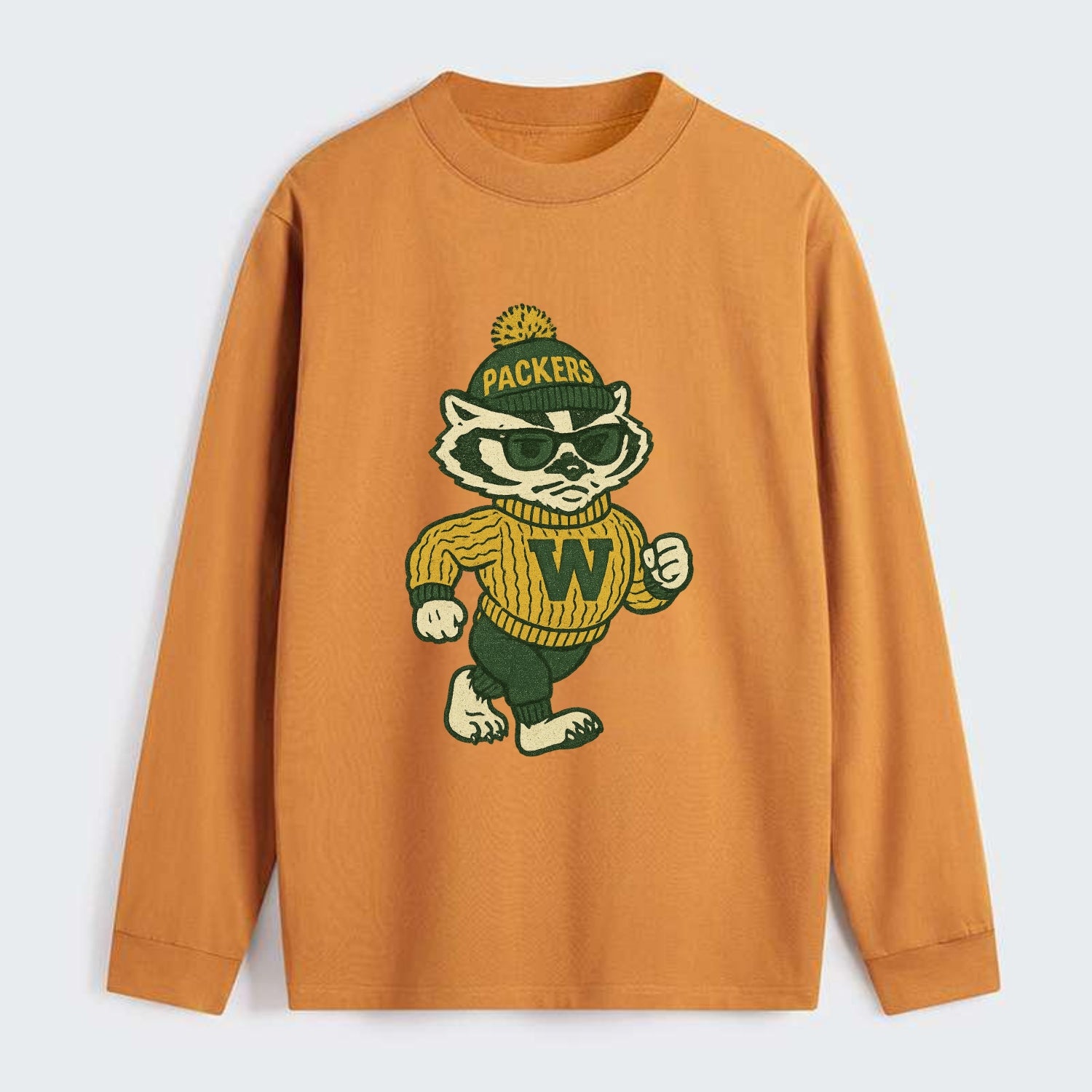 Wisconsin Badger wearing Packers green and gold beanie with pom pom and - Classic Long Sleeve Shirt - Orange