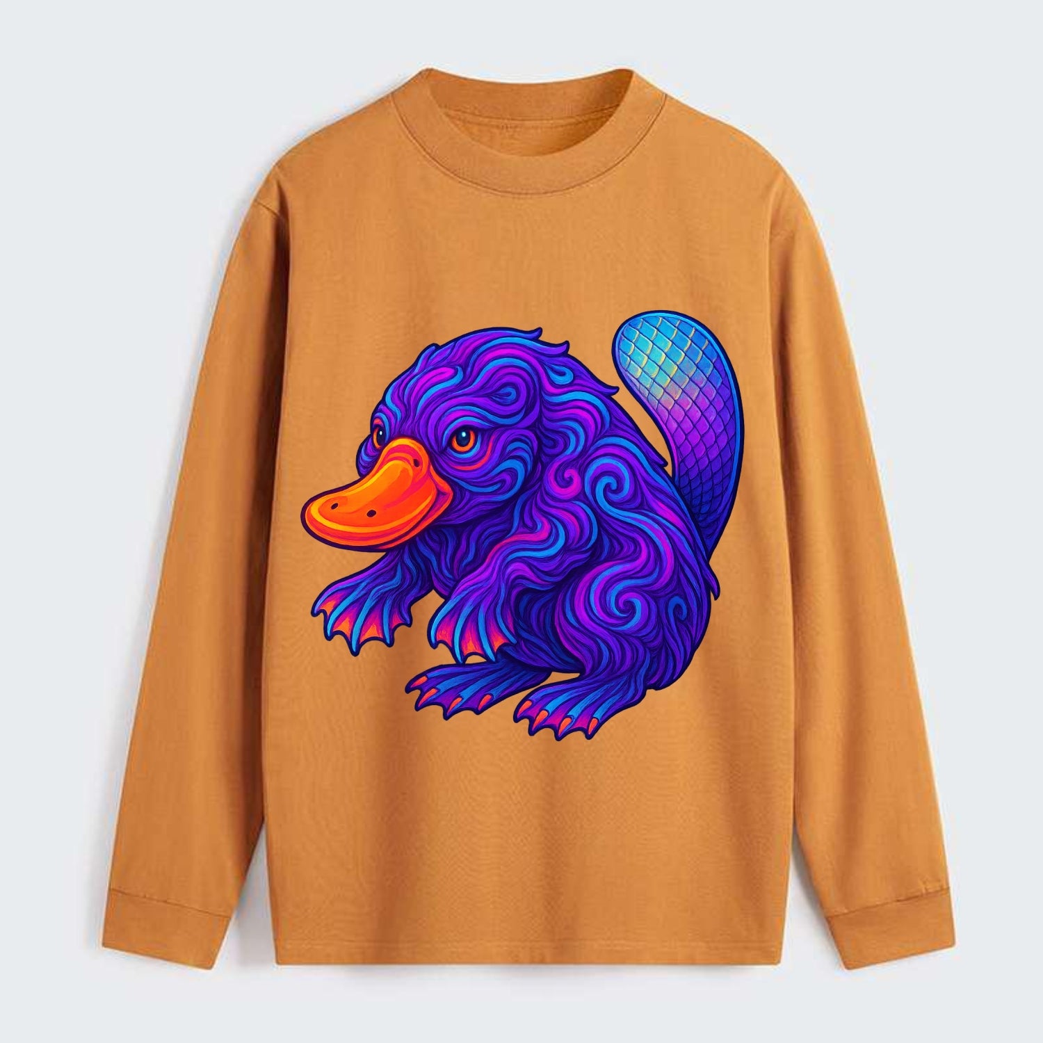 Quirky platypus with bill glowing in neon orange, beaver tail with - Classic Long Sleeve Shirt - Orange