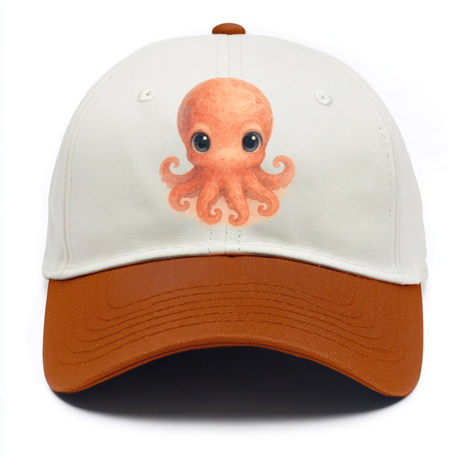 Baby Octopus - red-orange, eight tiny tentacles curled, large intelligent eyes, - Two Tone Cap - Orange