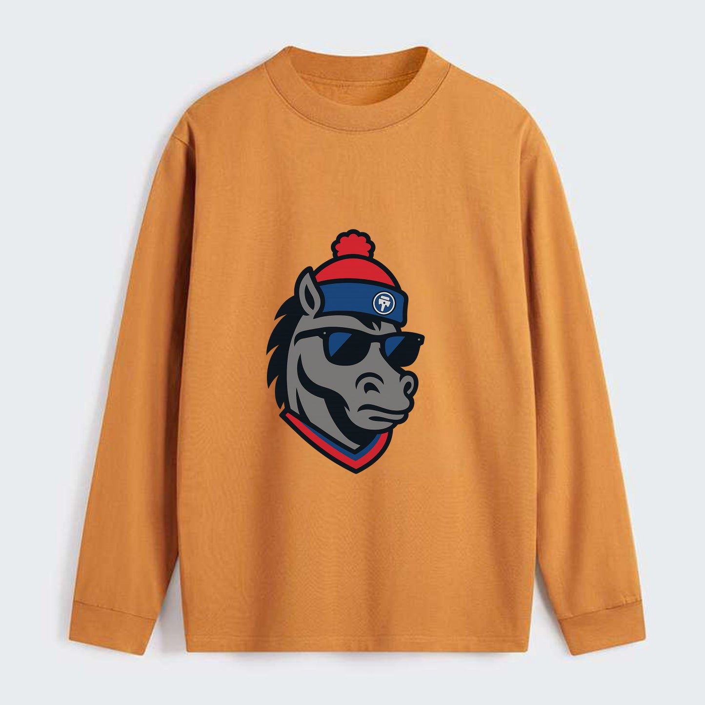 Detroit Stallion wearing Pistons red and blue beanie with piston patch - Classic Long Sleeve Shirt - Orange