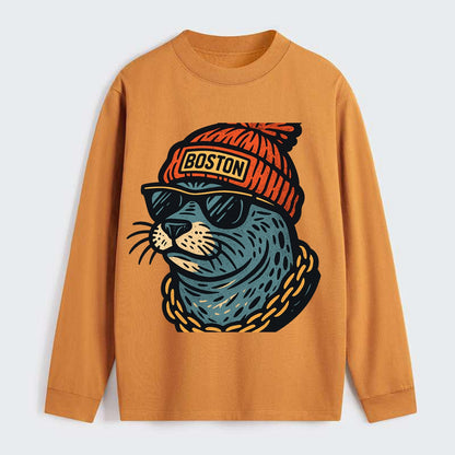 Boston Harbor Seal wearing Boston beanie with pom pom and wayfarer - Classic Long Sleeve Shirt - Orange