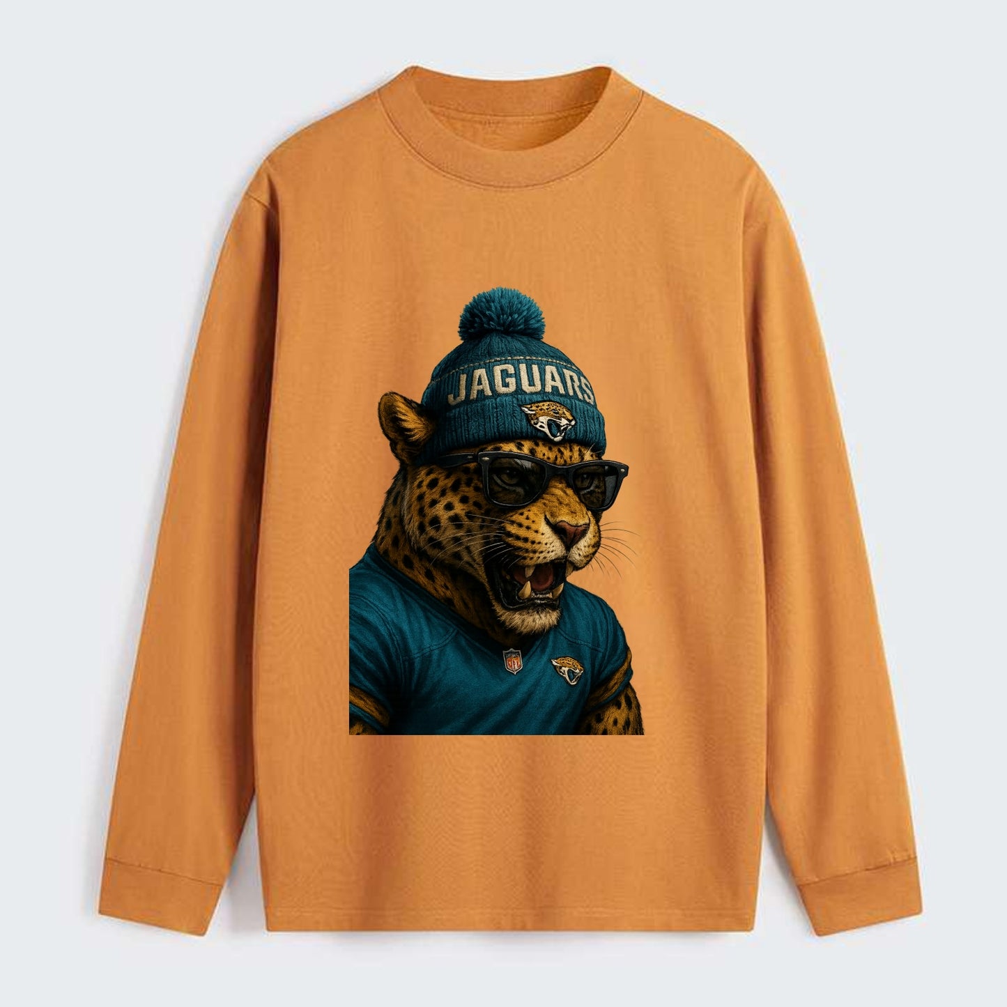Jacksonville Jaguar wearing Jaguars teal and gold beanie with pom pom - Classic Long Sleeve Shirt - Orange