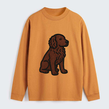 Boykin Spaniel - Rich chocolate brown wavy coat embroidered sitting pose - Classic Long Sleeve Shirt - Orange
