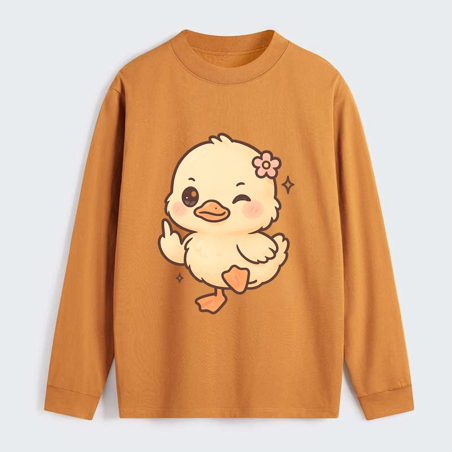 fluffy baby duck with small flower, one webbed foot raised sassily - Classic Long Sleeve Shirt - Orange