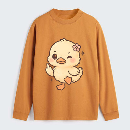 fluffy baby duck with small flower, one webbed foot raised sassily - Classic Long Sleeve Shirt - Orange