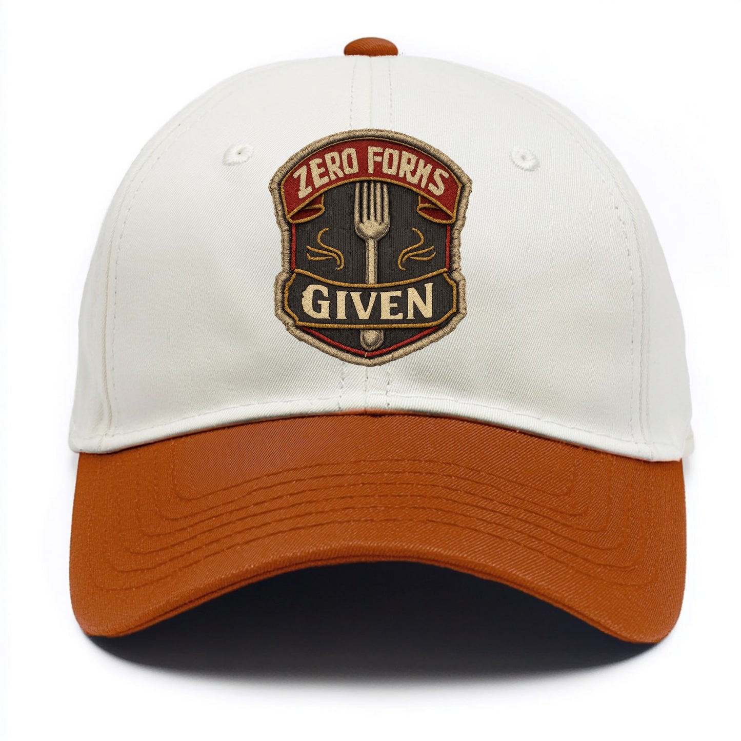 ZERO FORKS GIVEN - fork with text in silver , no cares attitude - Two Tone Cap - Orange