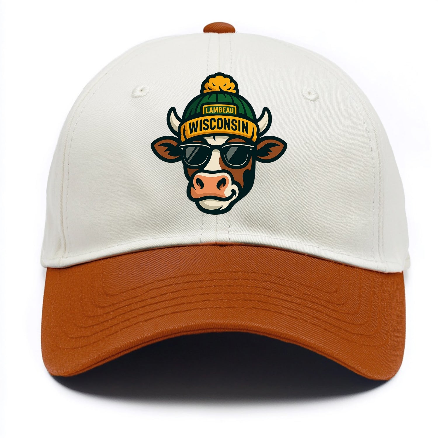 Wisconsin Cow wearing Packers beanie with Lambeau patch and wayfarer sunglasses - Two Tone Cap - Orange