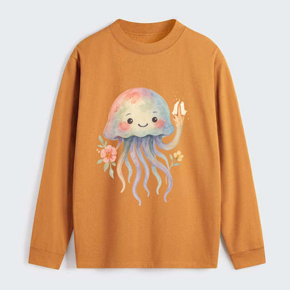 jellyfish with kawaii face and tentacles, one tentacle pointing up - Classic Long Sleeve Shirt - Orange