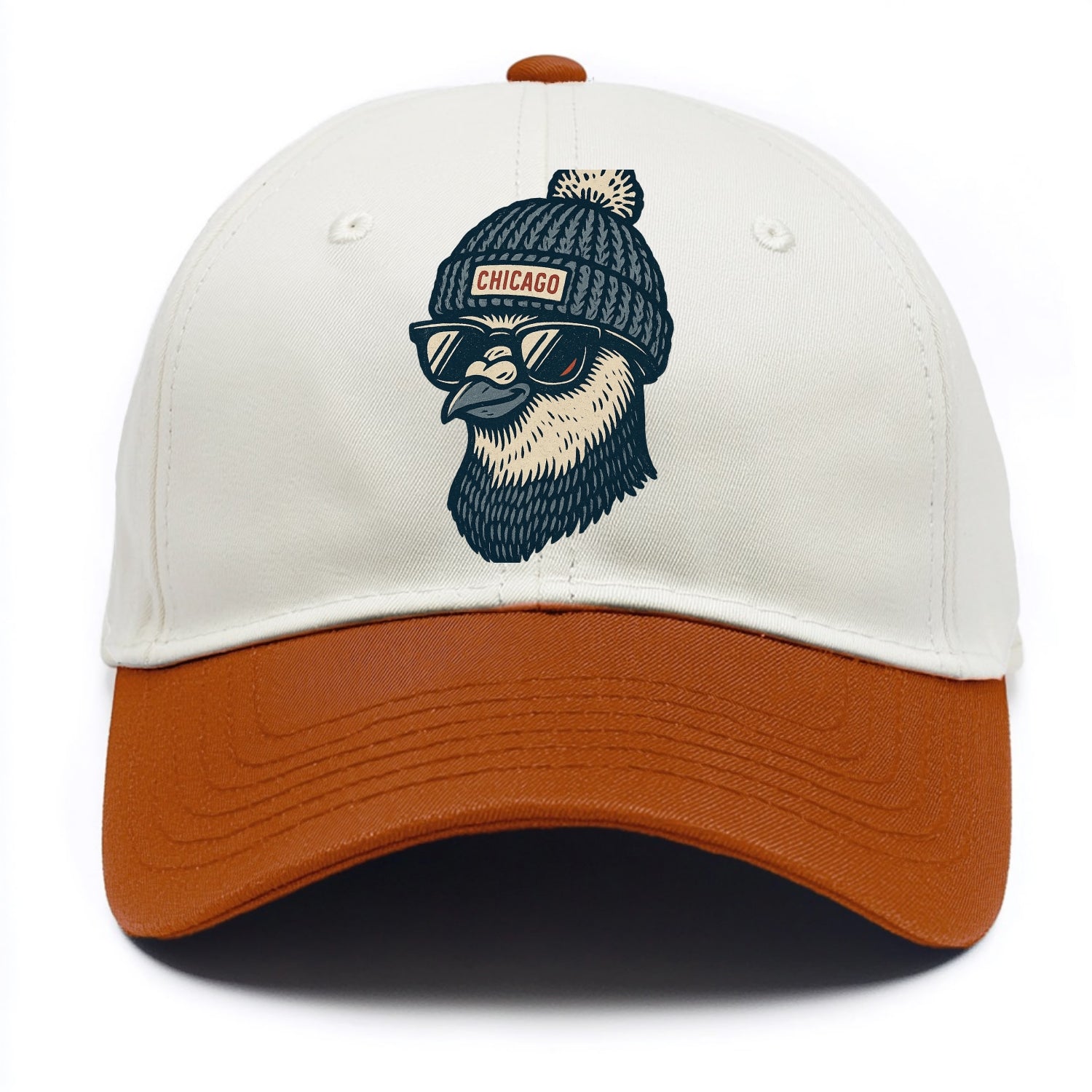 Chicago Pigeon wearing Chicago beanie with pom pom and wayfarer sunglasses - Two Tone Cap - Orange