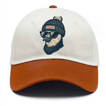 Chicago Pigeon wearing Chicago beanie with pom pom and wayfarer sunglasses - Two Tone Cap - Orange