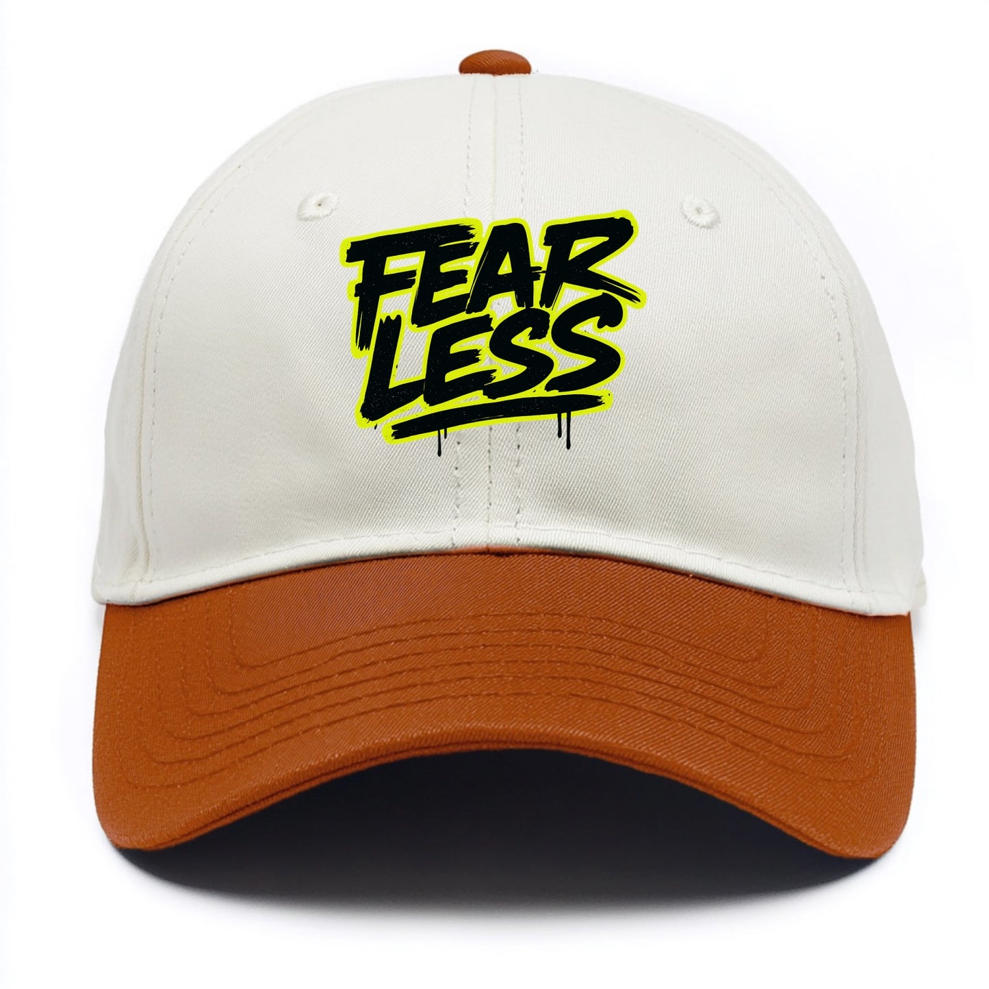 Bold typography design - "FEARLESS" - courage, bravery, facing challenges head on - Two Tone Cap - Orange