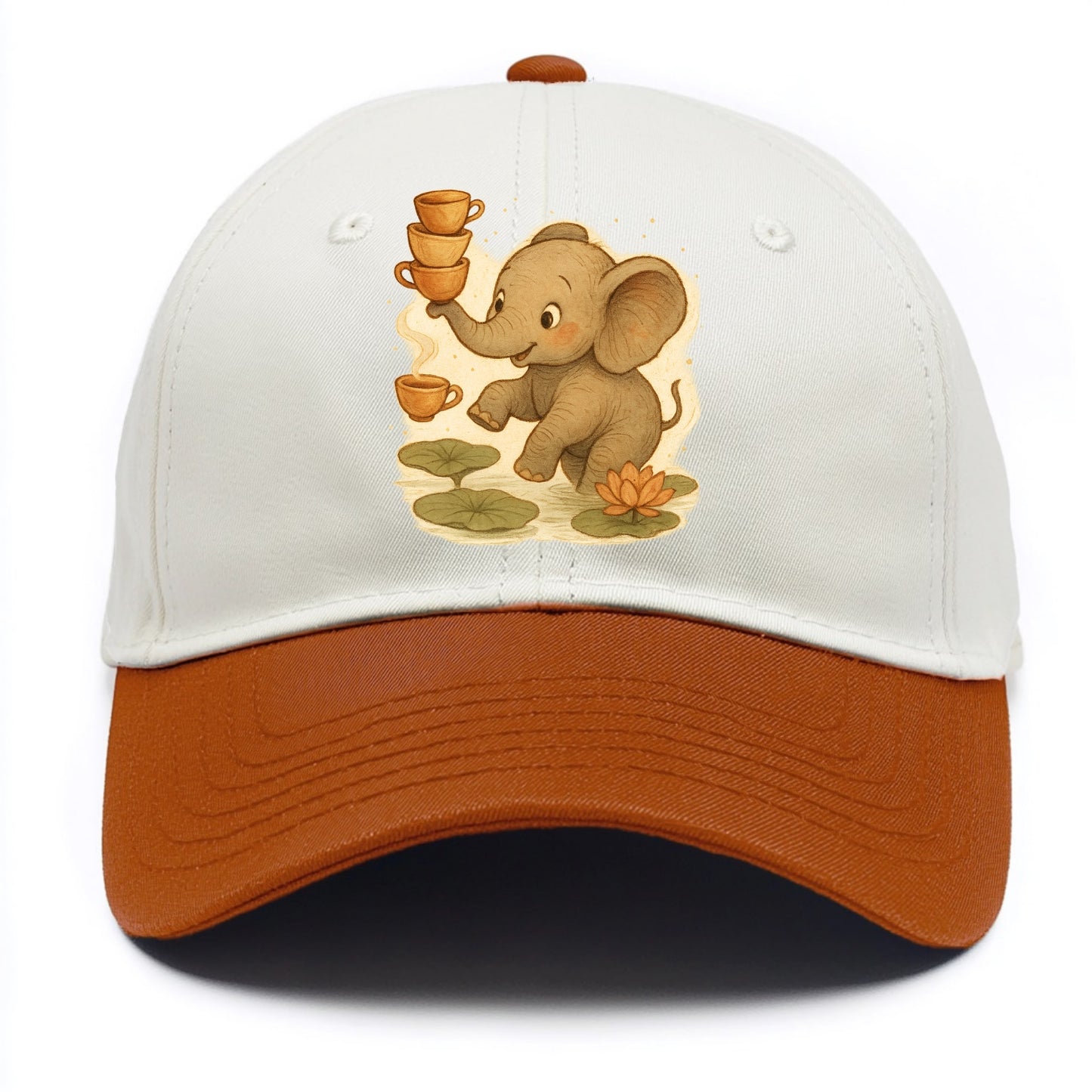 Elephant balancing teacups during a floating tea ceremony beside lotus ponds - Two Tone Cap - Orange