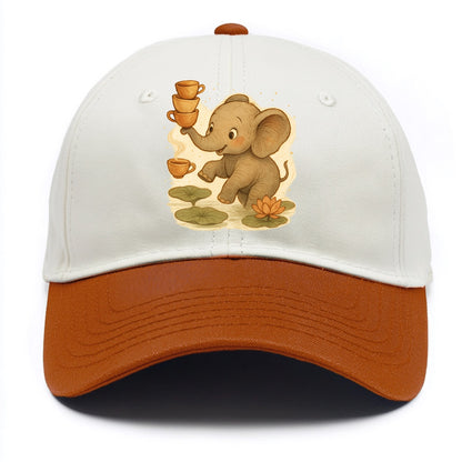 Elephant balancing teacups during a floating tea ceremony beside lotus ponds - Two Tone Cap - Orange