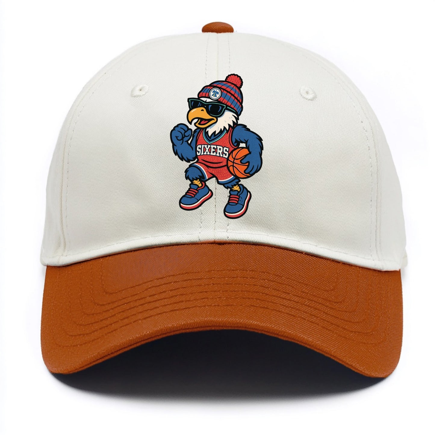 Philadelphia Eagle wearing 76ers red white and blue beanie with bell patch and - Two Tone Cap - Orange