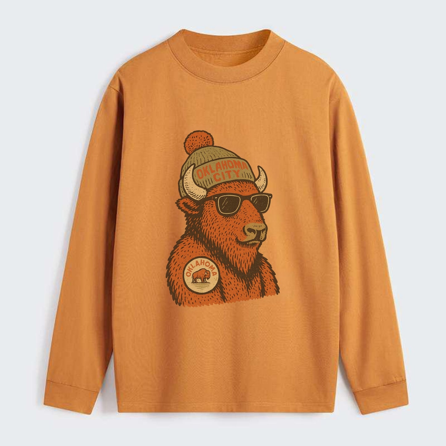 Oklahoma Buffalo wearing Oklahoma City beanie with pom pom and wayfarer - Classic Long Sleeve Shirt - Orange